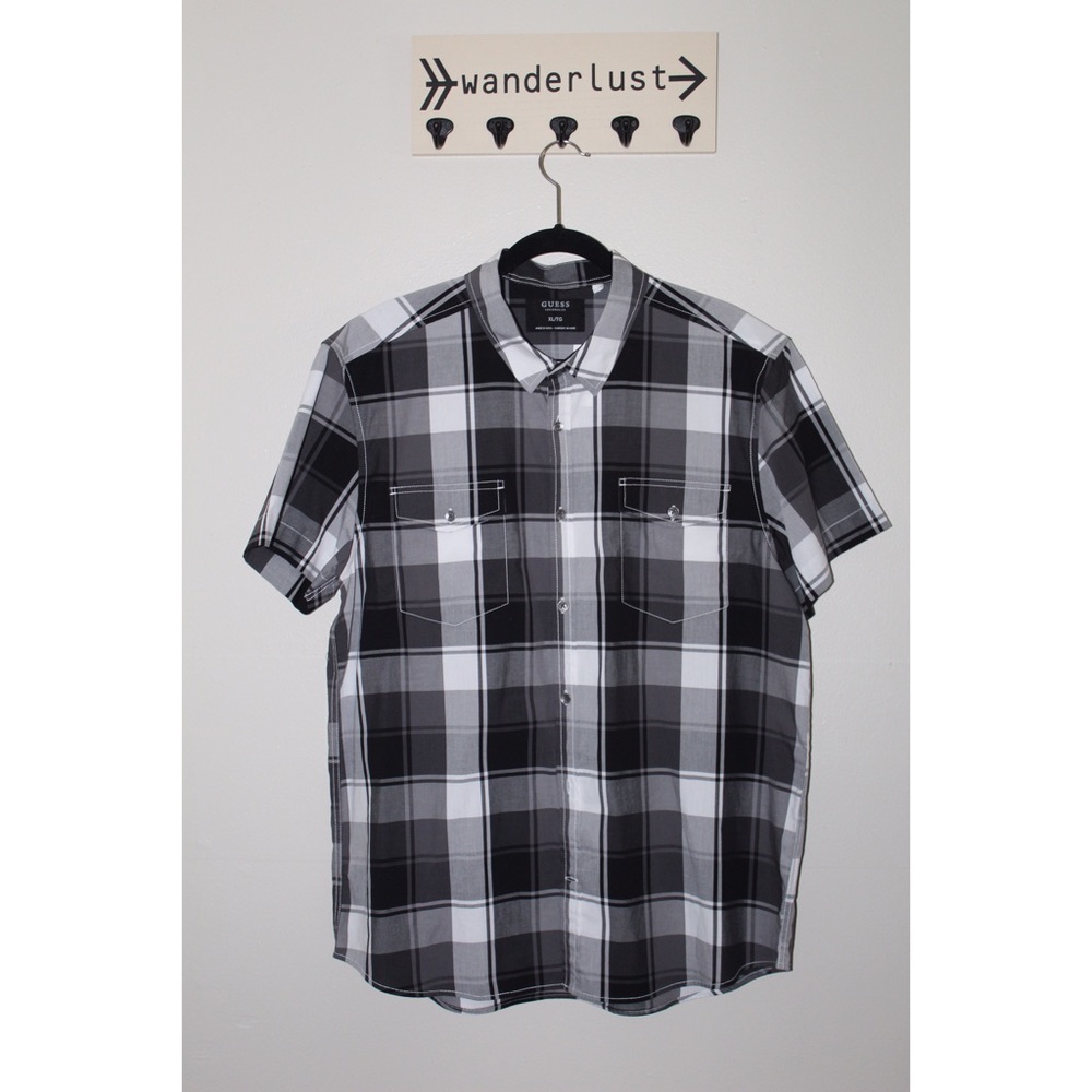Guess Men's black checkered short sleeve button